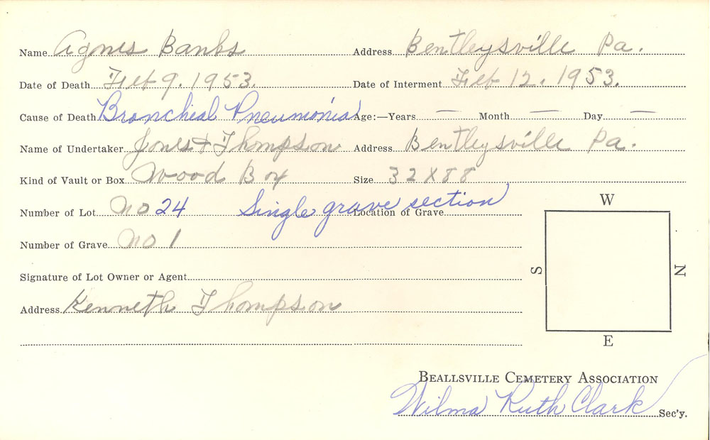 Agnes Banks burial card